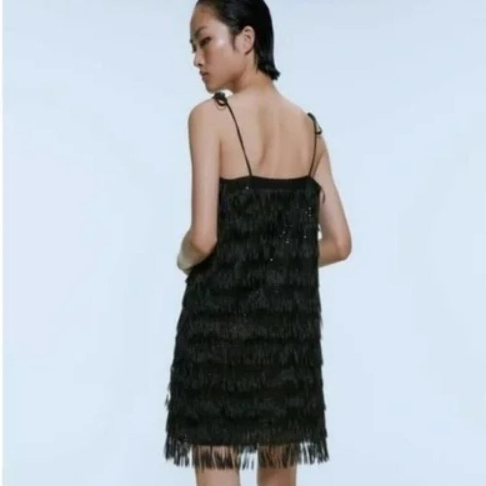 NWOT Zara Black Sequined Fringed Dress. SZ S - Picture 5 of 5